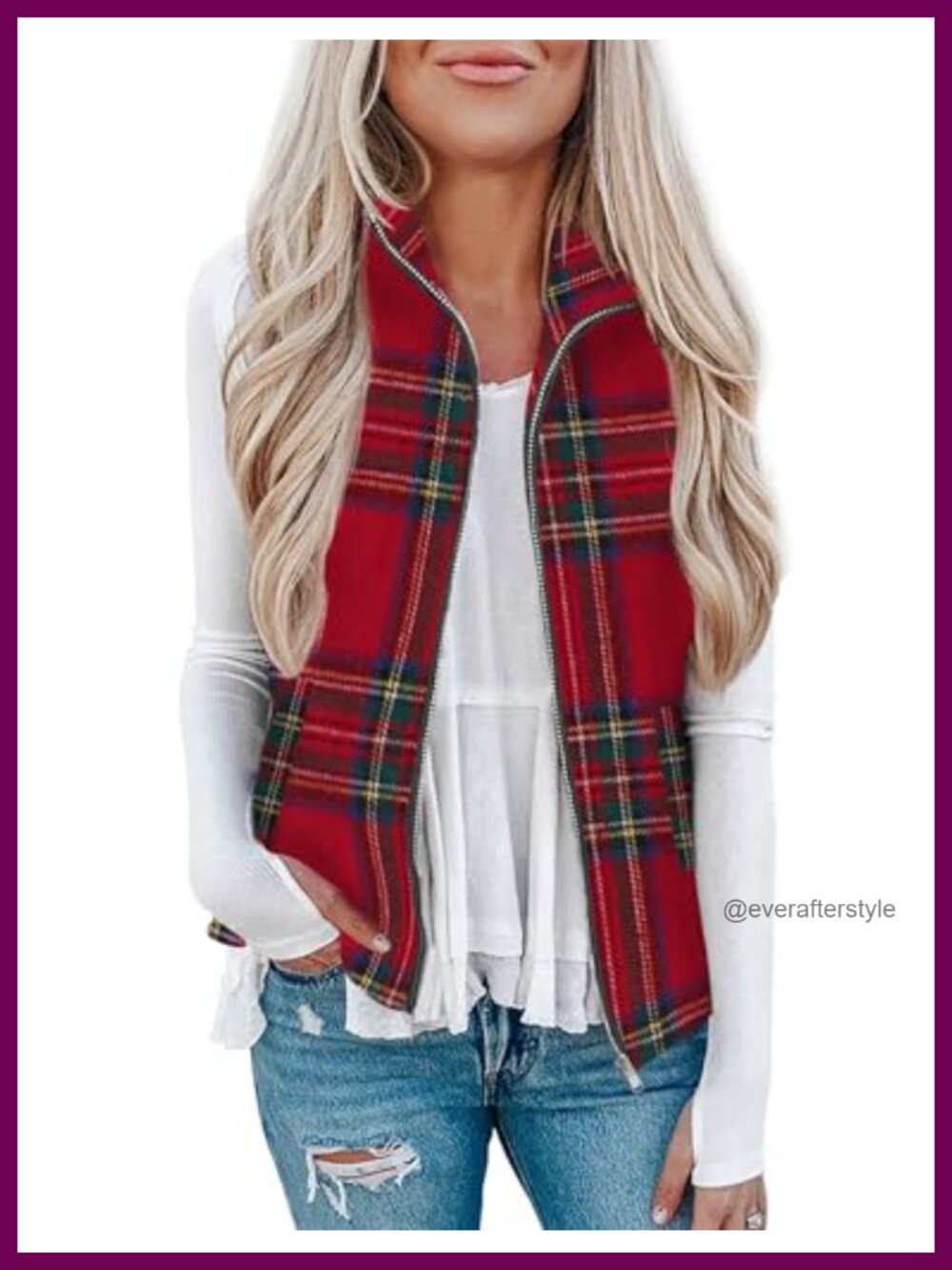 Rapbin Women's Plaid Zip Up Sleeveless Vest with Pockets
